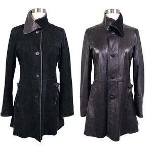 Vera Pelle Womens Black Reversible Leather Car Coat Button Jacket Size 40 US 4